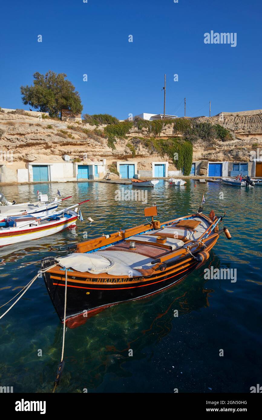 Das malerische Fischerdorf Mandrakia, Milos, Griechenland Stockfoto