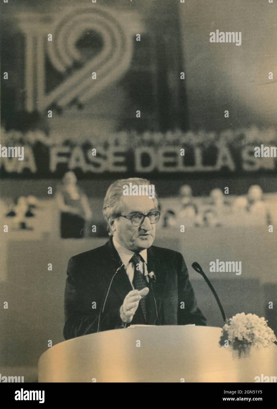 Der italienische Partisanen und Politiker Aldo Tortorella auf einem Parteitag der Kommunistischen Partei, Italien 1989 Stockfoto