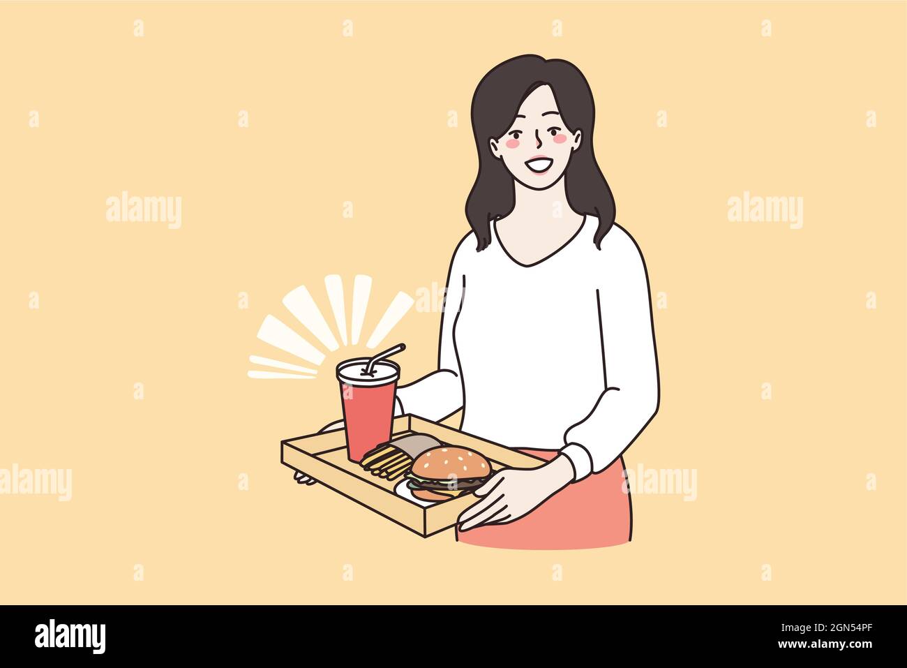 Ungesunde Ernährung und Fett Diät-Konzept. Junge lächelnde Frau Zeichentrickfigur stehend halten Tablett mit Burger und Limonade trinken ungesunde essen Vektor-Illustration Stock Vektor