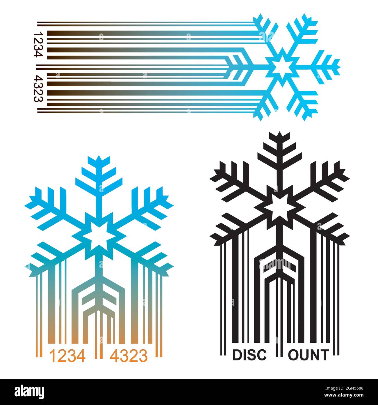 Schneeflocke, Original-BARCODE, Rabatt-Konzept. Symbol der Schneeflocke mit ean-Code, der Preisvergünstigungen symbolisiert. Vektor verfügbar. Stock Vektor