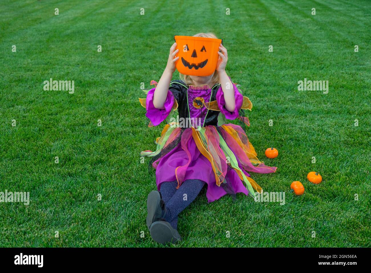 Lustige glückliche kleine Mädchen in halloween Kostüm sitzt auf Gras. rick  oder Stamm. Frohe Halloween Stockfotografie - Alamy