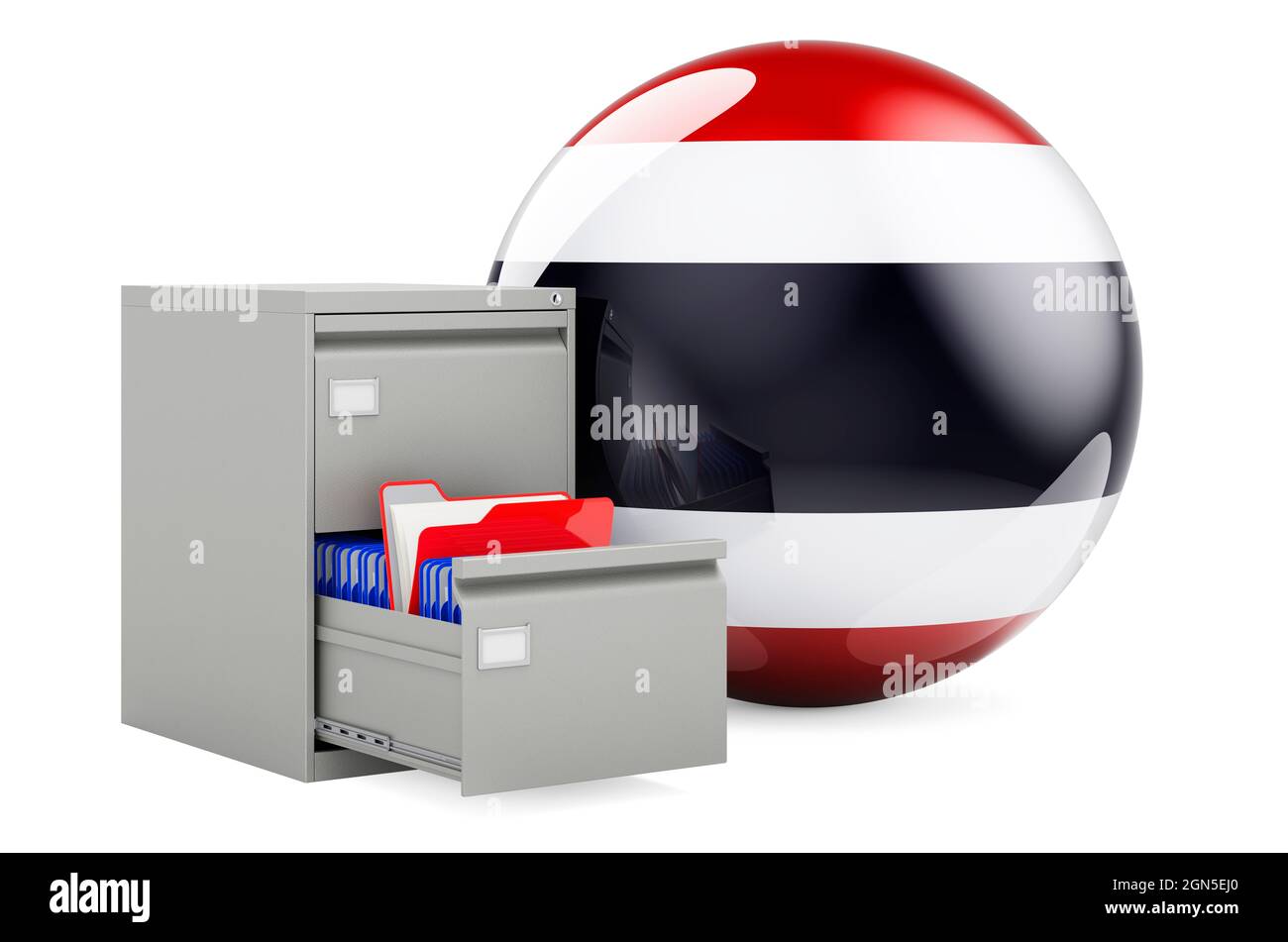 Datenbank in Thailand, Konzept. Ordner im Aktenschrank mit thailändischer Flagge, 3D-Darstellung isoliert auf weißem Hintergrund Stockfoto