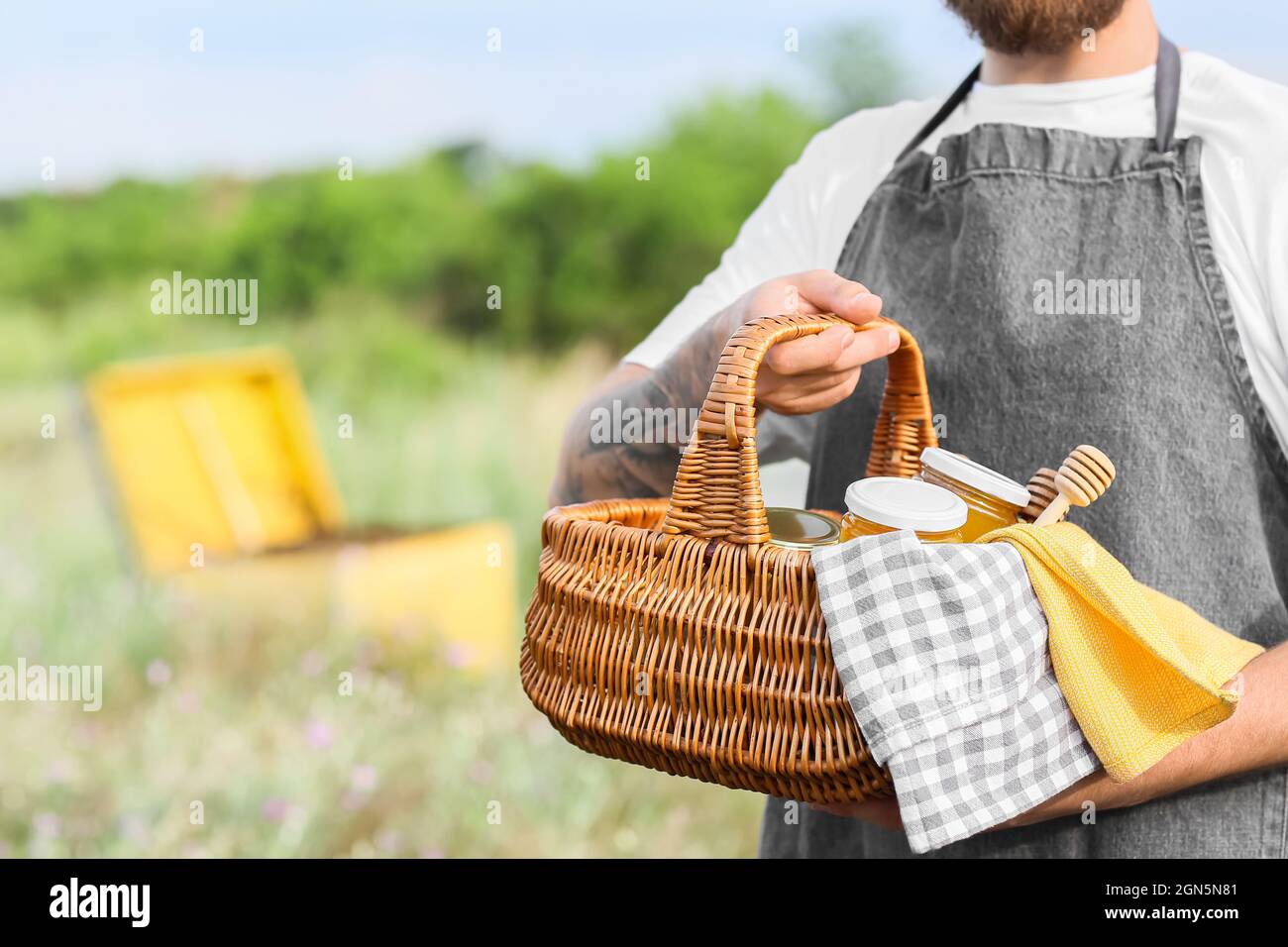 Imker mit Honig im Korb bei der Imkerei Stockfoto
