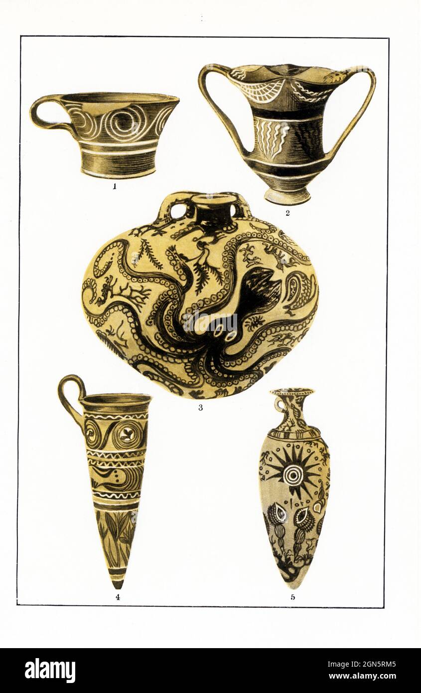 Hier sind zu sehen: 1 und 2: Kamares Ware (2100 - ca.1500 v. Chr.) – ein minoischer Töpferstil, der sich durch seine floralen und/oder geometrischen Muster auszeichnet, die auf einem schwarzen Slip gemalt sind, der das gesamte Gefäß bedeckt. Der Stil erhielt seinen Namen von der Kamares-Höhle, die sich am Südhang des Berges Ida befindet; 3-5: Mykenische Vasen (1700-1100 v. Chr.) Stockfoto