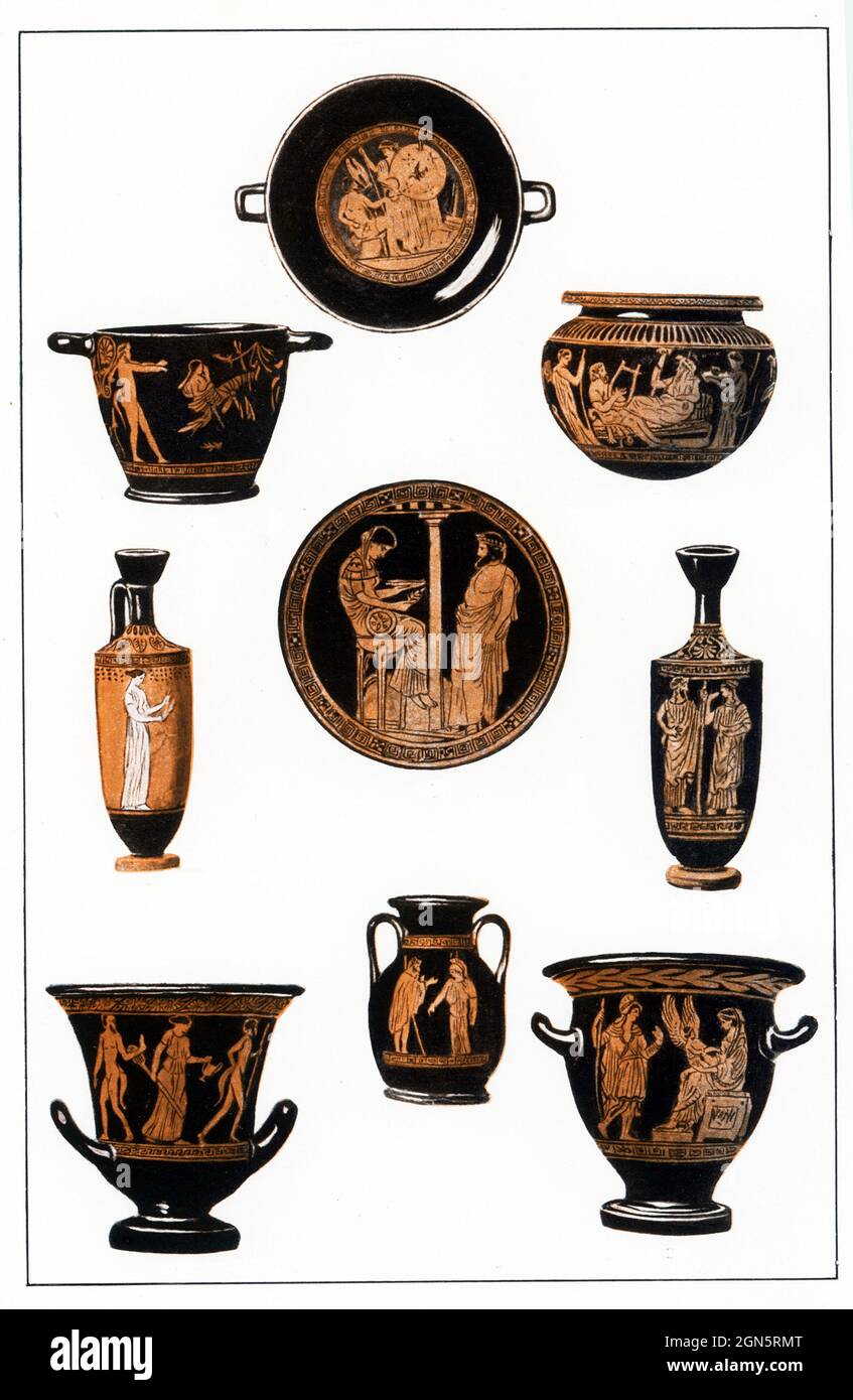 Hier sind Vasen aus der Mitte bis zum Ende des sechsten Jahrhunderts (500 v. Chr.) zu sehen, die den neuen Stil der rot-figurierten Vasen widerspiegeln. Die Rotfiguren-Technik wurde um 530 v. Chr. erfunden, möglicherweise vom Töpfer Andokides und seiner Werkstatt. Sie ersetzte allmählich die Schwarzfigurentechnik, da Innovatoren die Möglichkeiten erkannten, die mit dem Zeichnen von Formen entstanden sind, anstatt sie mühsam mit Einschnitten zu beschreiben. Stockfoto