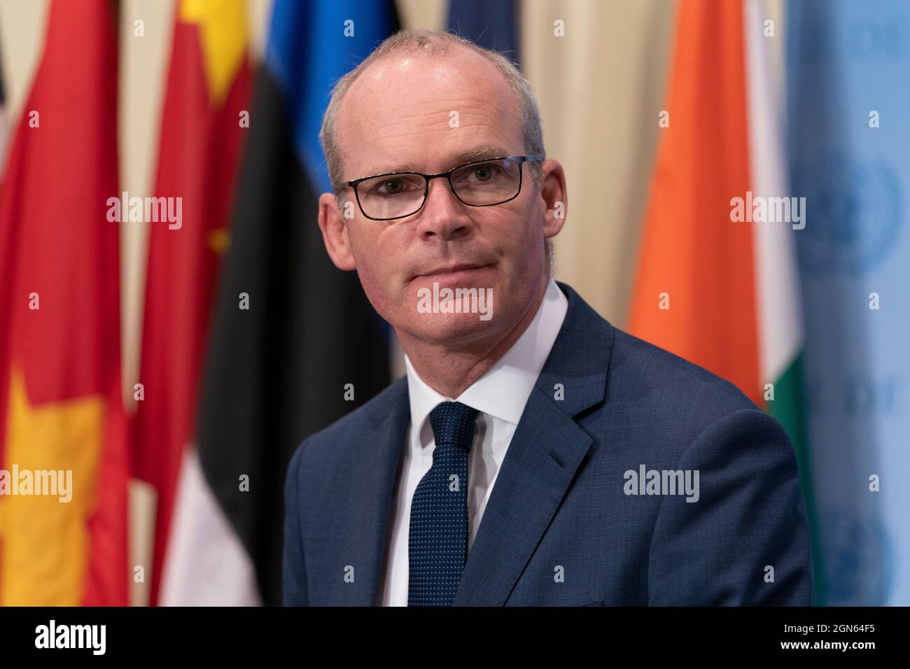 New York, NY - 22. September 2021: Simon Coveney, Minister für auswärtige Angelegenheiten und Verteidigung Irlands, spricht über den interaktiven Dialog des Sicherheitsrates mit der Liga der Arabischen Staaten am Hauptsitz der Vereinten Nationen Stockfoto