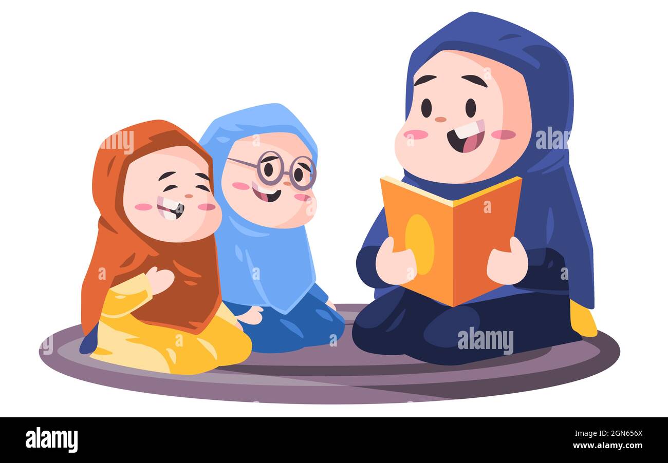 muslimische Frau mit Hijab Lehre heilige Buch alquran Koran mit Kindern moderne Cartoon flache Farbe Stil isoliert Vektor-Design Stock Vektor