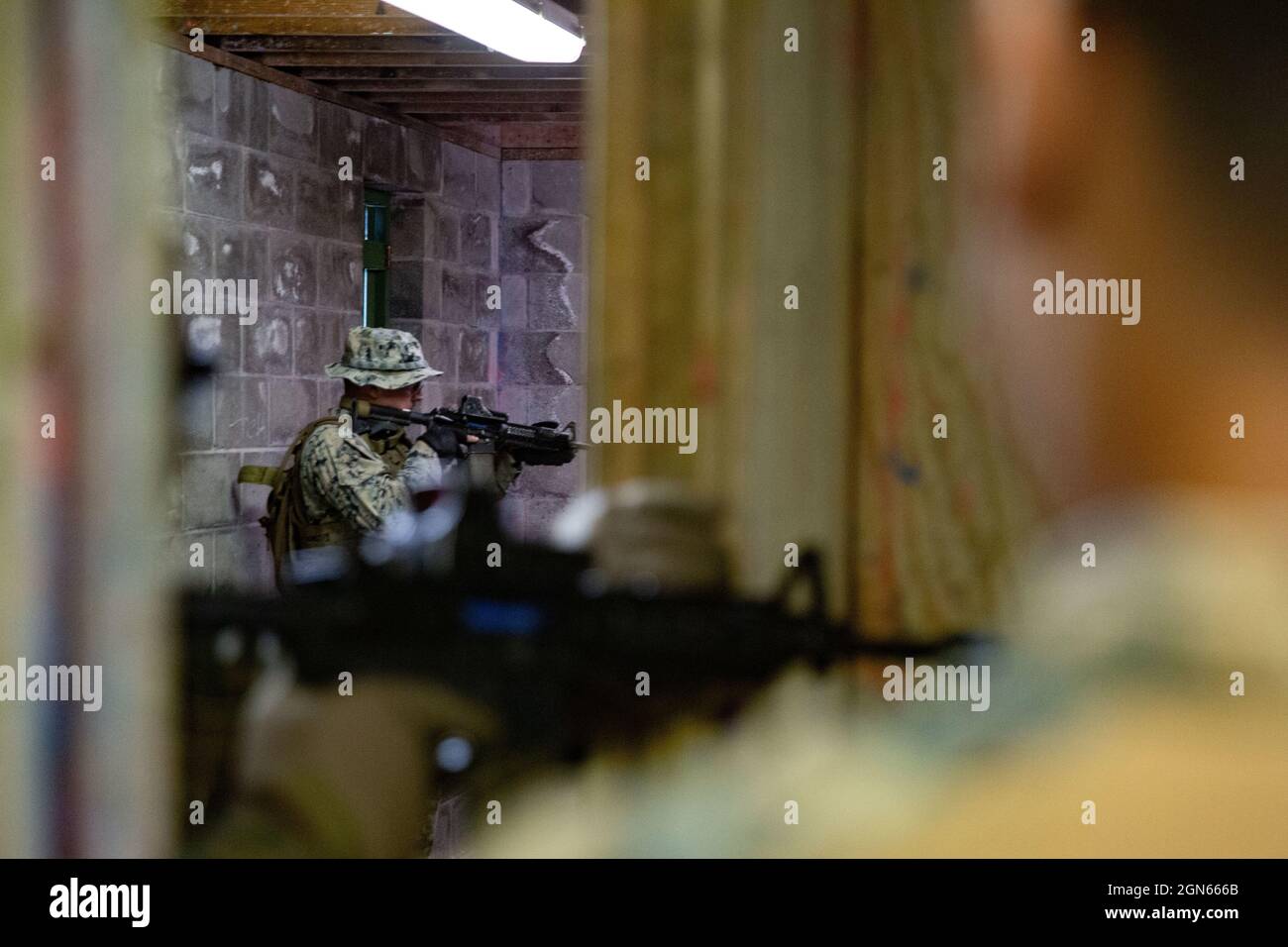 Britische Royal Marines mit 43 Commando Fleet Protection Group Royal Marines führen während der Übung Raumklärungstechniken mit Spezialeffekten durch, die Kleinwaffenmarkierungssysteme kennzeichnen.Tartan Eagle bei der Naval Support Activity Northwest Annex, chesapeake, Virginia, 20. September 2021. Das CQB-Training ermöglichte es den britischen Royal Marines, ihre Fähigkeiten zu entwickeln, Räume kompetent zu räumen und einen Feind in Innenräumen effizient zu engagieren. Übung Tartan Eagle ist eine zweijährliche bilaterale Trainingsübung für das US-Militär und die britischen Royal Marines, um Kampfstrategien und -Taktiken aus nächster Nähe zu trainieren. (USA Marine Corps Foto von Lance Stockfoto