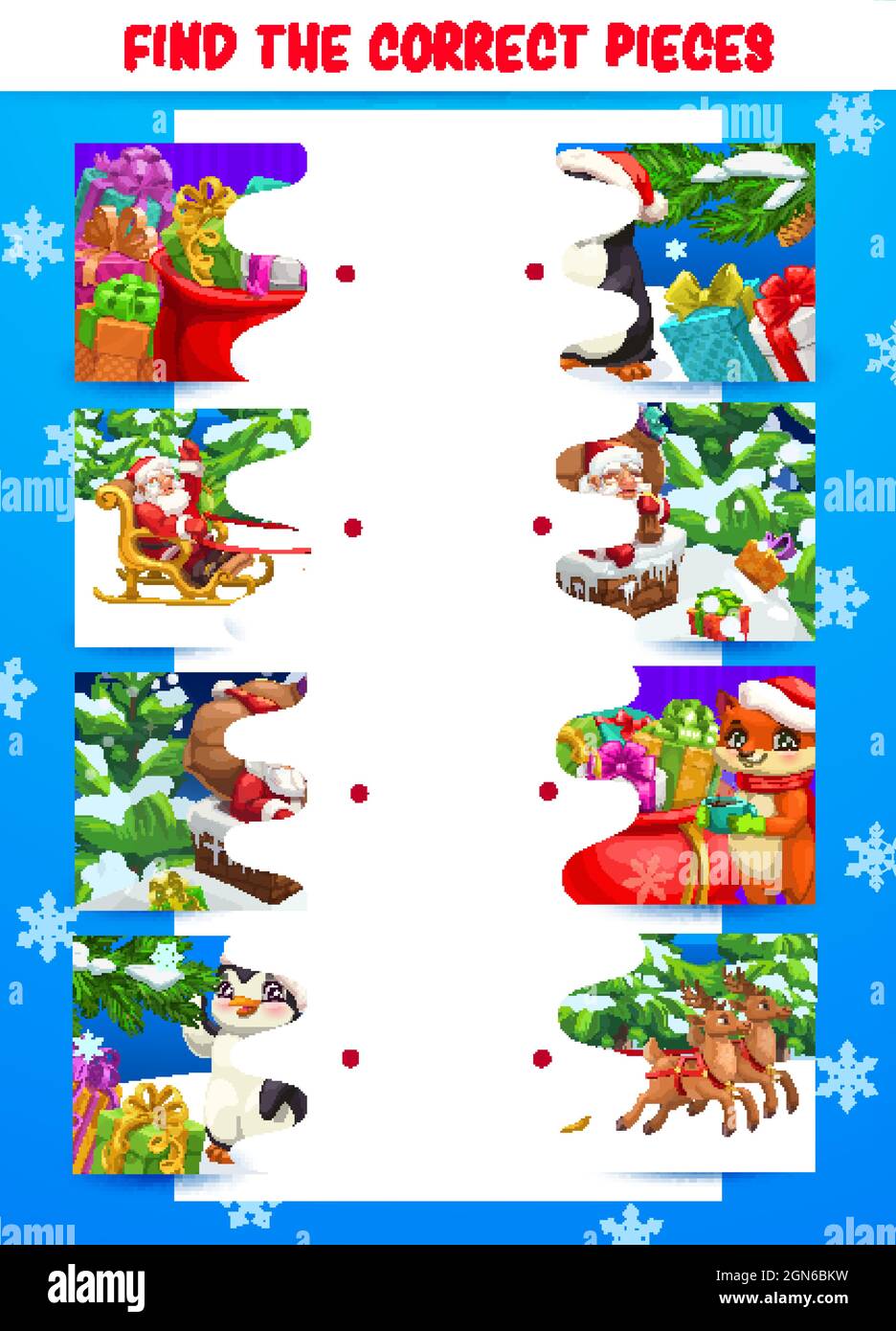 Kinder Weihnachten Puzzle-Spiel, finden richtige Stücke Aktivität für Kinder oder Kind pädagogischen Labyrinth mit Fragmenten Aufgabe vergleichen. Winter Urlaub Geschenke, Weihnachtsmann in Schlitten und Tiere Figuren Cartoon-Vektor Stock Vektor
