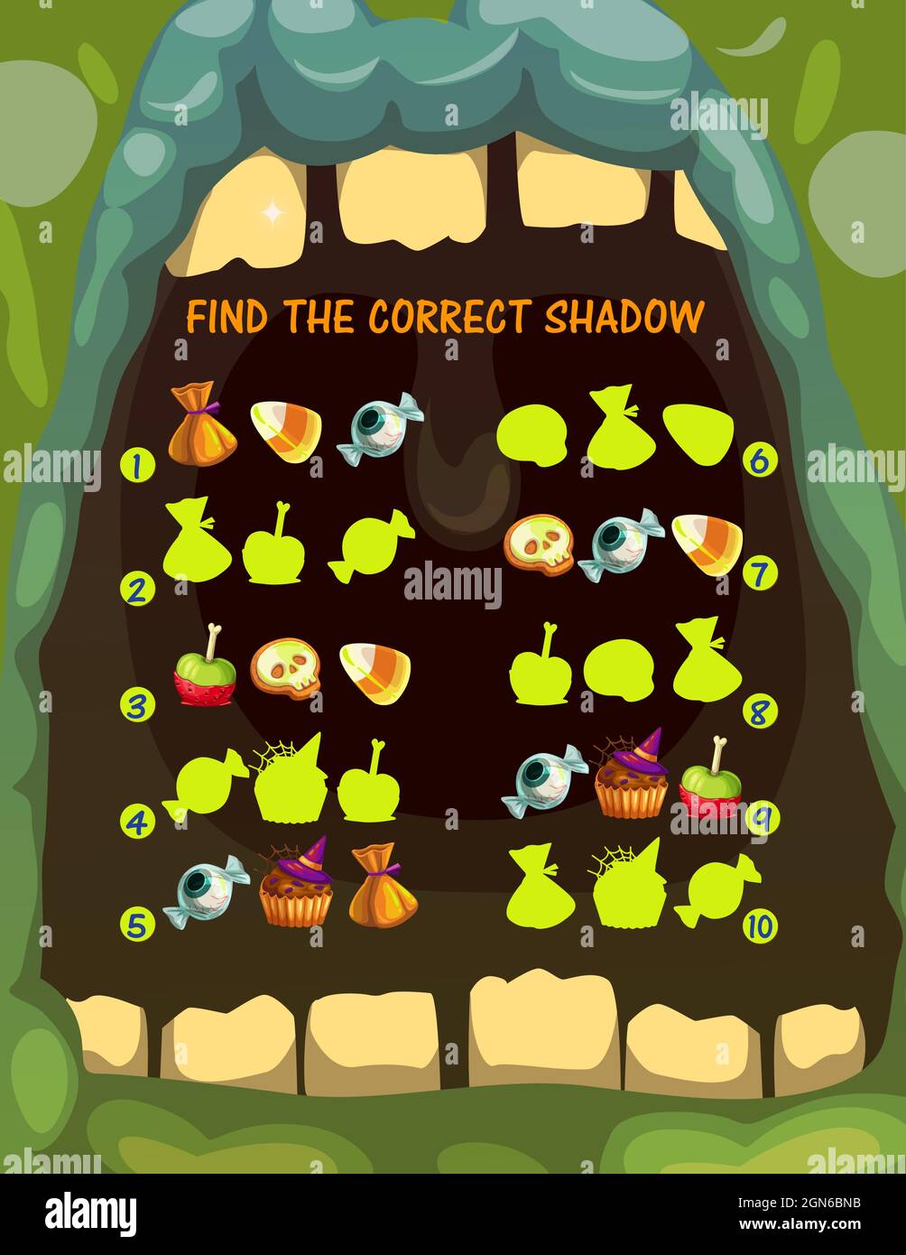 Kinder Schatten passende Spiel mit halloween-Leckereien. Kinder Puzzle Rätsel, Kind Spiel Vektor-Seite oder spielen Aktivität mit finden richtigen Schatten Aufgabe. Gruselige Süßigkeiten, Gelee und Kekse, Muffin, Apfel Stock Vektor