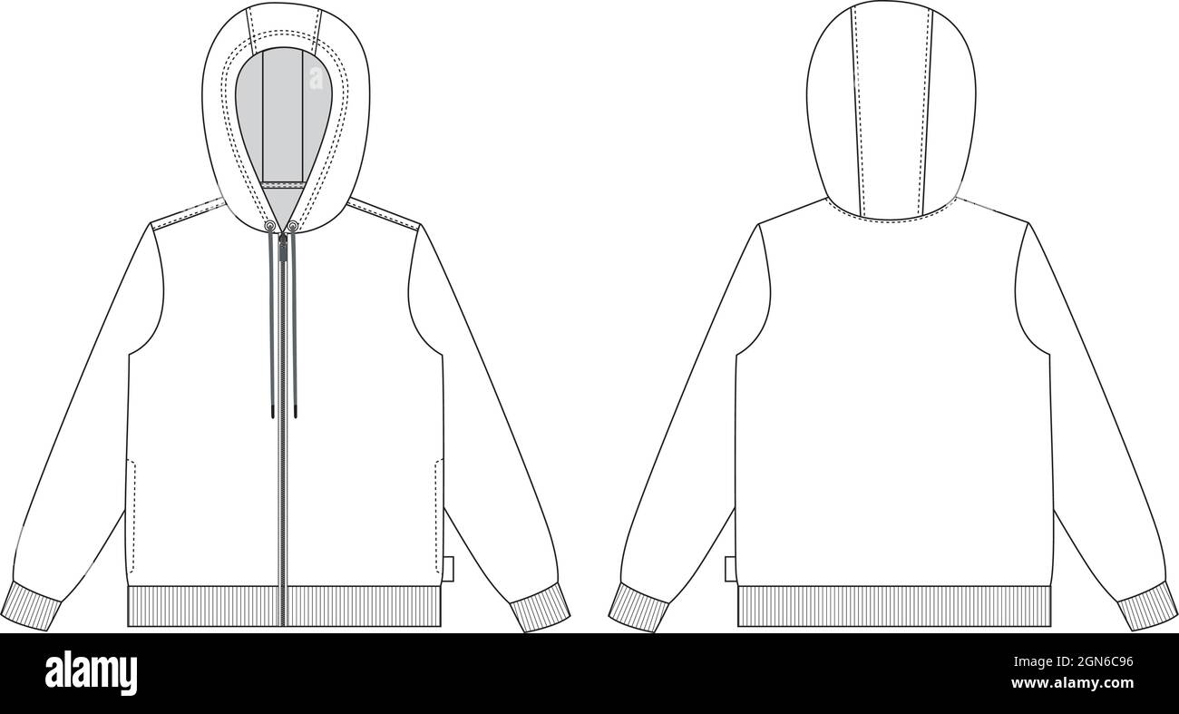 Langarm Hoodie mit Reißverschluss insgesamt Technische Mode Wohnungen Skizze Vektor Illustration Vorlage Vorder-und Rückseite Ansichten isoliert auf weißem Hintergrund Stock Vektor