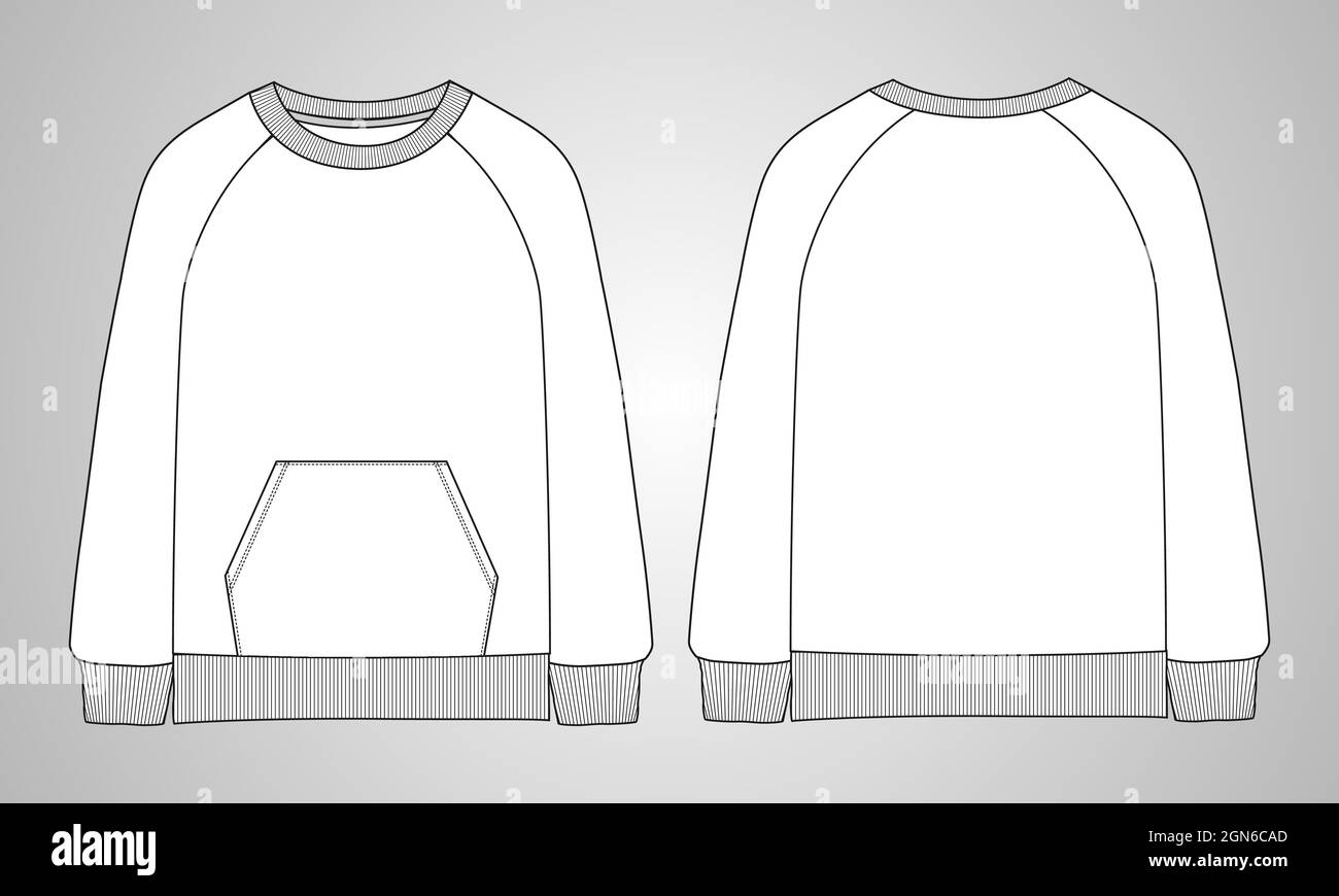 Langarm Sweatshirt mit Tasche insgesamt technische Mode flache Skizze Vektor Illustration Vorlage.Fleece Sweat Jersey Stoff Bekleidung Nachbildung. Stock Vektor