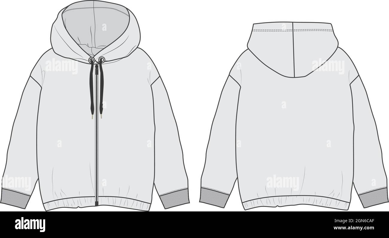 Langarm Hoodie Sweatjacke mit Reißverschluss insgesamt technische Mode flache Skizze Vorlage Vorder- und Rückseite Ansichten. Vektorgrafik flache Zeichnung. Stock Vektor