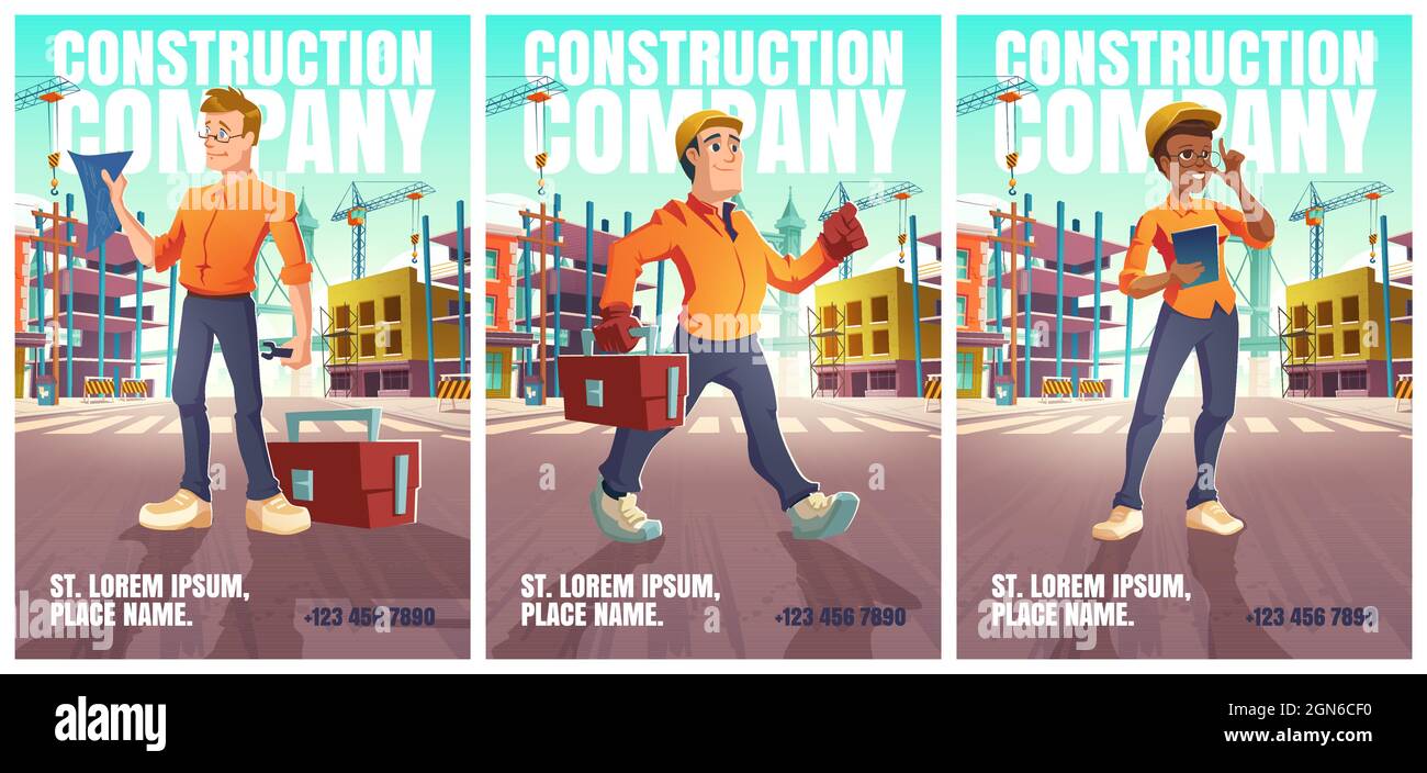 Plakate der Baufirma mit Menschen im Helm auf der Stadtstraße mit Bauarbeiten. Vektor-Flyer mit Cartoon-Illustration der Stadtlandschaft mit Baustelle, Mädchen Architektin und Arbeiter Stock Vektor