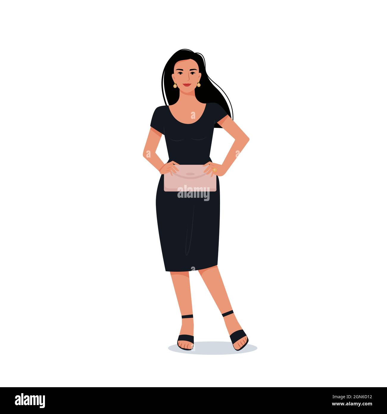 Elegante junge Frau in einem schwarzen Abendkleid mit einer Clutch in den Händen. Vektor weiblichen Charakter in flachen Stil Stock Vektor