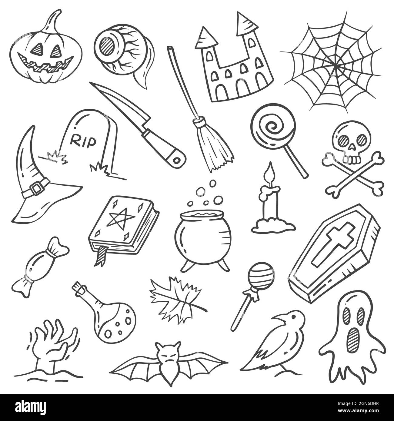 halloween-Events Urlaub Doodle handgezeichnete Set-Kollektionen mit Umriss schwarz-weiß-Stil Vektor-Illustration Stockfoto