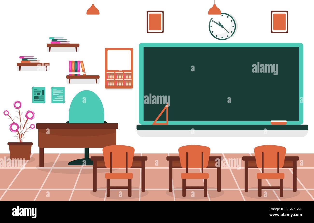 Klasse Schule Nobody Klassenzimmer Tafel Tisch Stuhl Bildung Illustration Stock Vektor