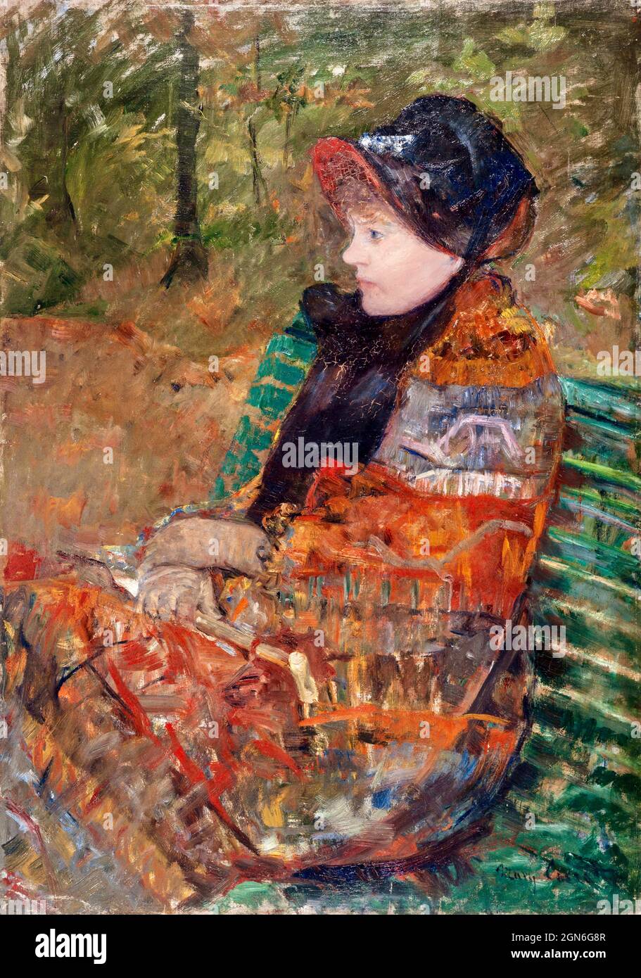 Mary Cassatt Kunstwerk - Herbst - Porträt von Lydia Cassatt - Eine Frau sitzt auf einer Parkbank in saisonalen Herbstfarben gekleidet. Kleid in Zeitraumes. Stockfoto