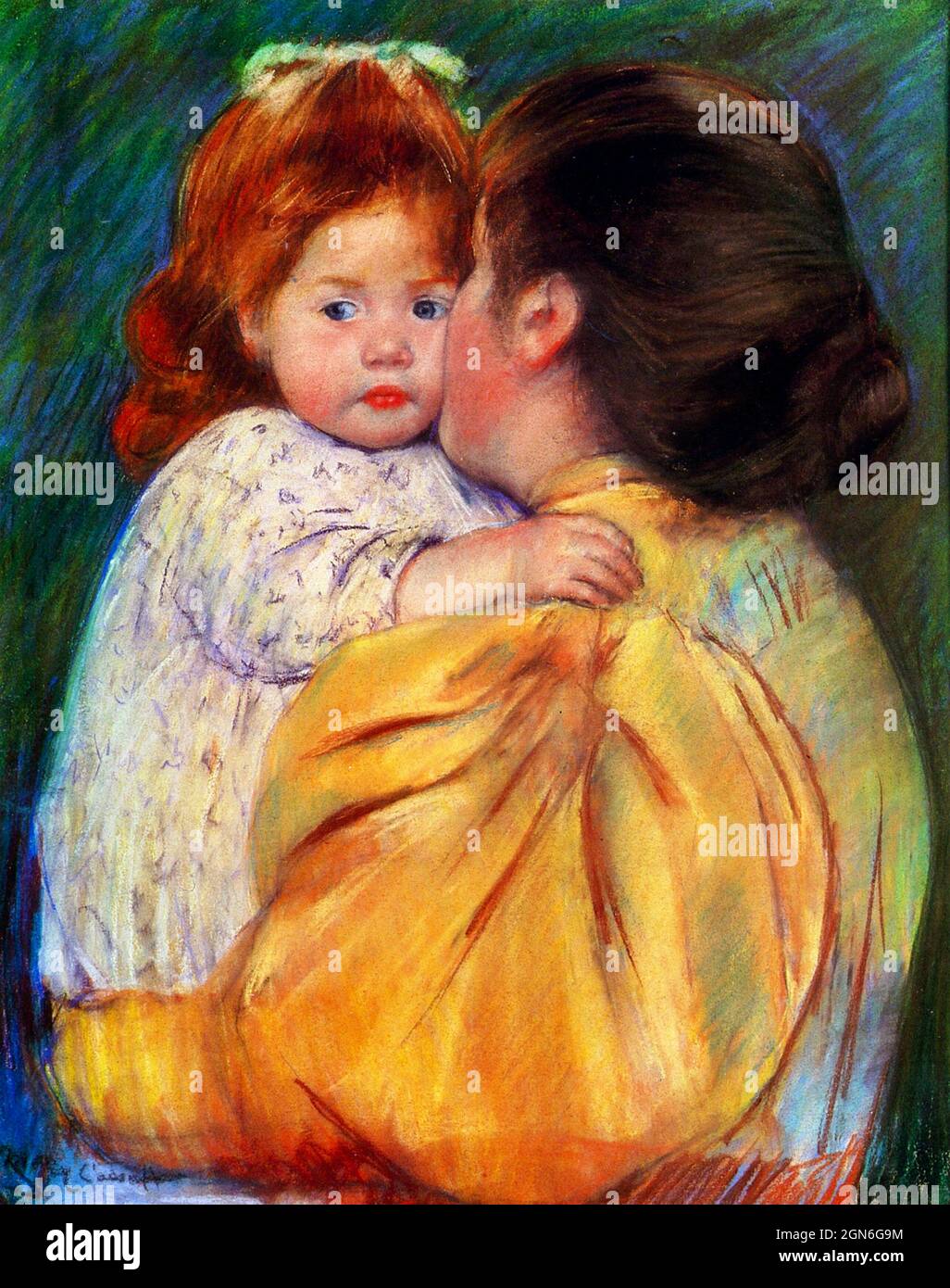 Mary Cassatt Kunstwerk - mütterlicher Kuss - Eine Mutter, die ihre junge Tochter in den Armen hält, küsst sie auf die Wange. Stockfoto