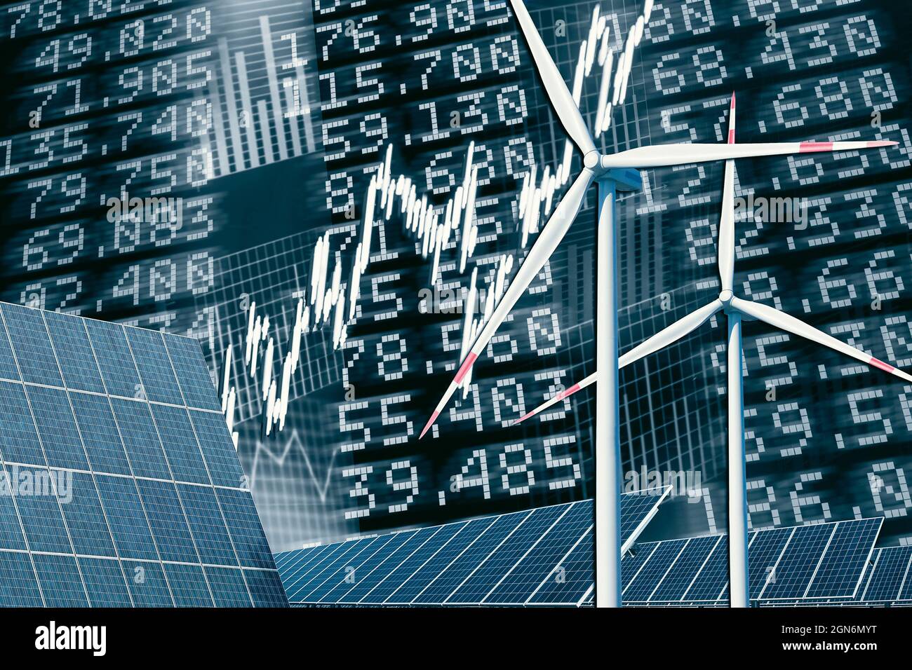 Windturbinen und Solarmodule mit Preistafel, Aktienkursen und Diagrammen Stockfoto