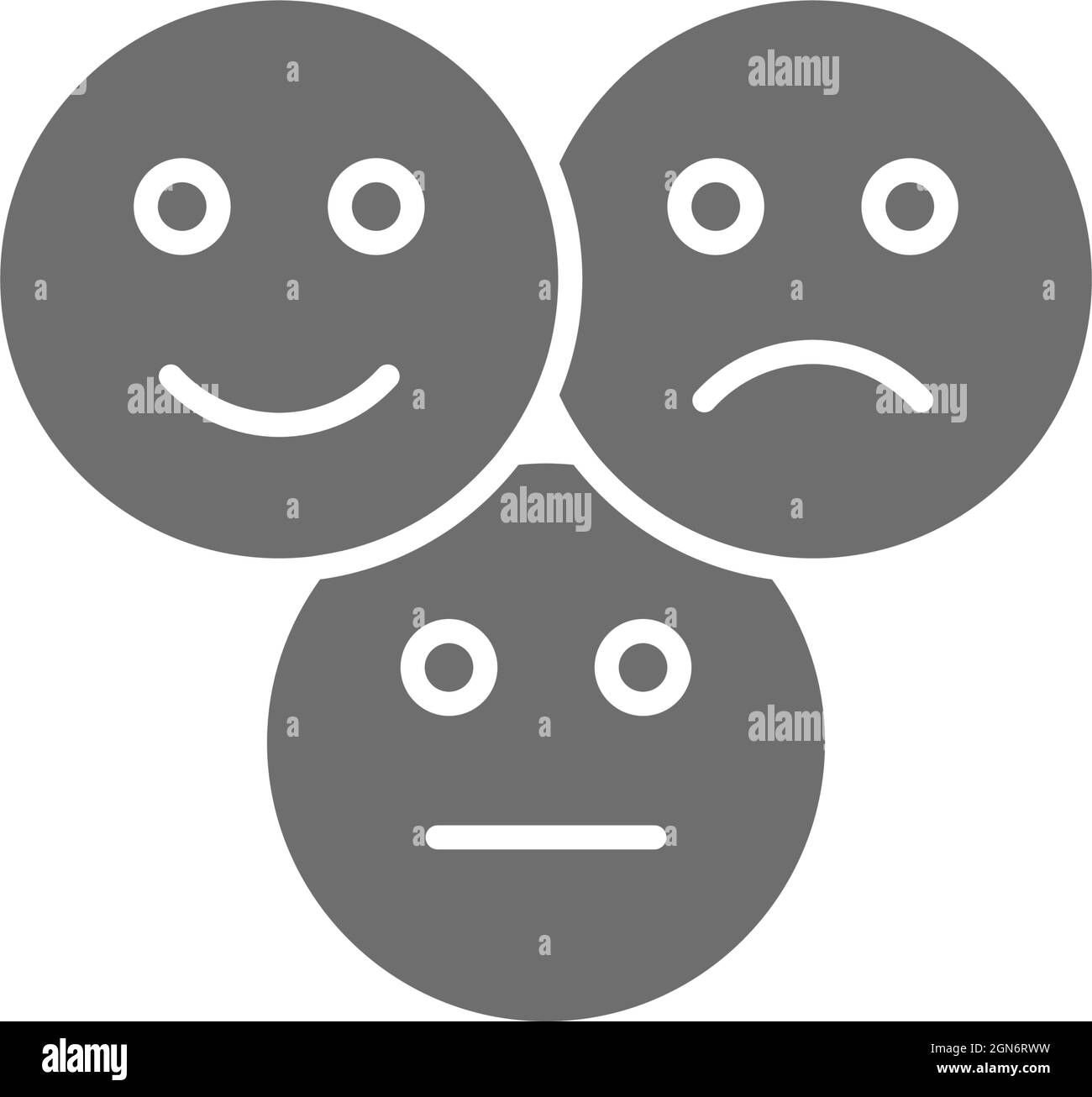 Feedback-Emoticons, positive, negative und neutrale Gesichter, graues Symbol. Stock Vektor