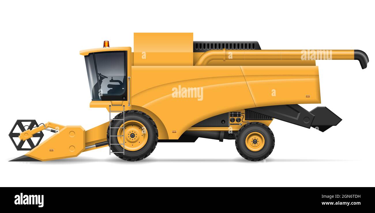 Mähdrescher Vektor Illustration Ansicht von der Seite isoliert auf weißem Hintergrund. Landwirtschafts- und Bauernfahrzeug-Mockup. Stock Vektor