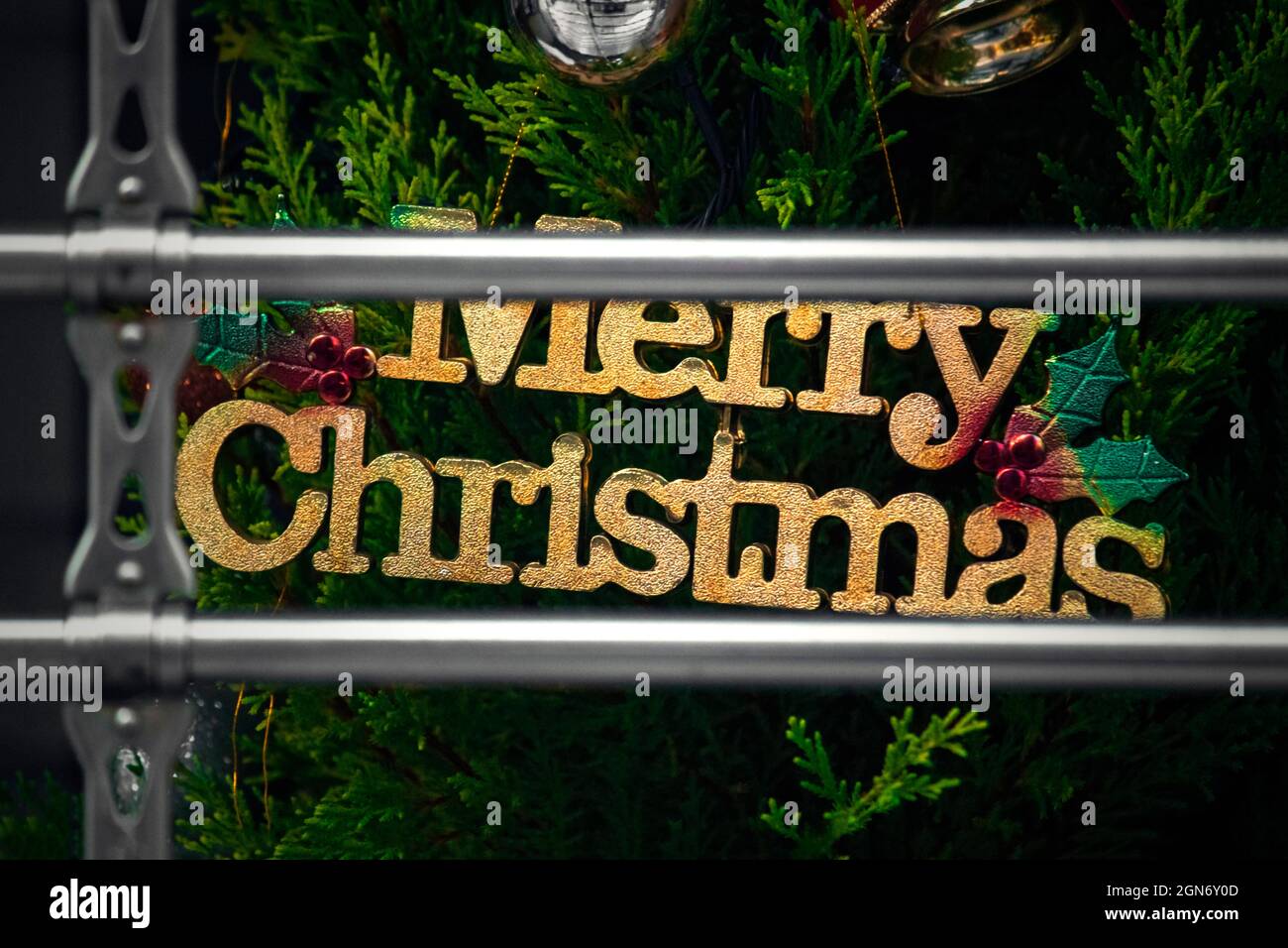 Weihnachtsbaum im Rollladen des Grills Stockfoto