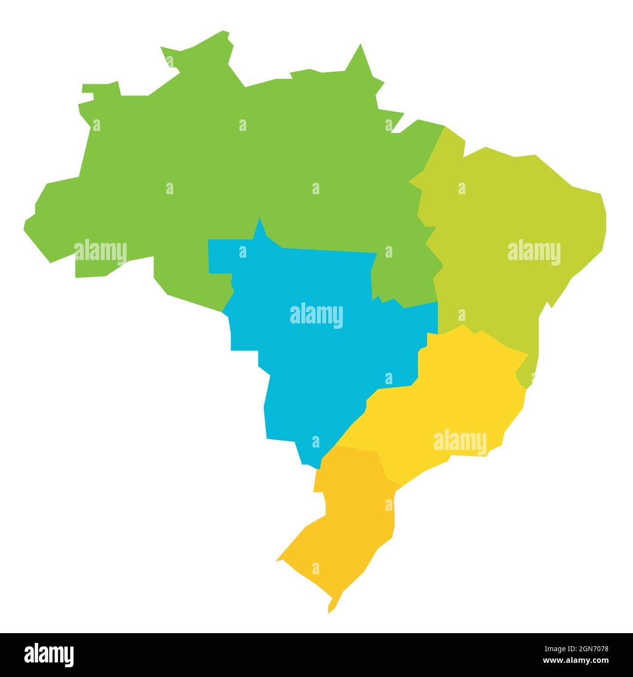 Bunte politische Landkarte von Brasilien. Staaten teilen sich nach Farbe in 5 Regionen auf. Einfache, flache, leere Vektorkarte Stock Vektor