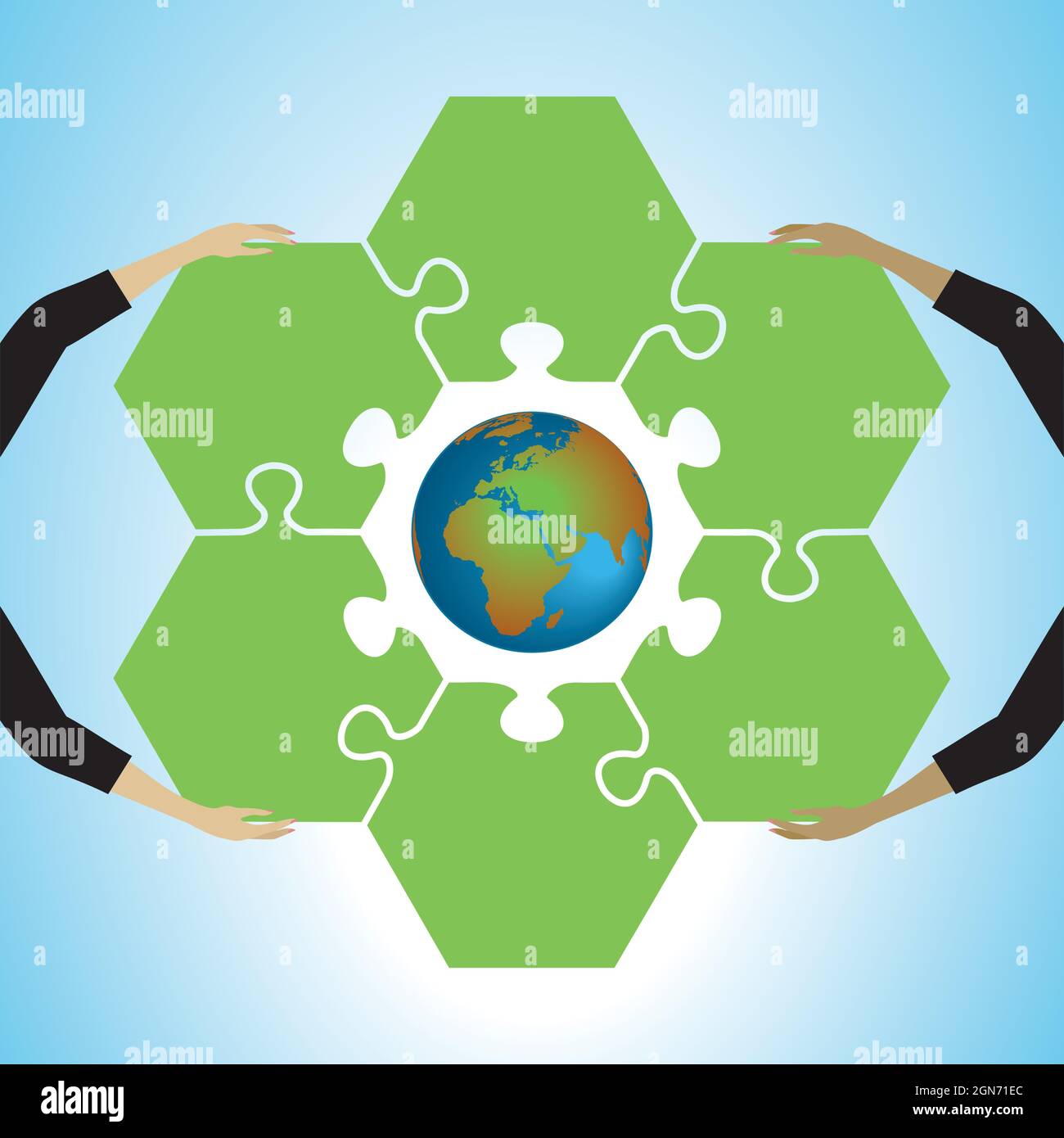Kooperation, Planet Erde mit Puzzleteilen in den Händen. Vektorgrafik. EPS10. Stock Vektor