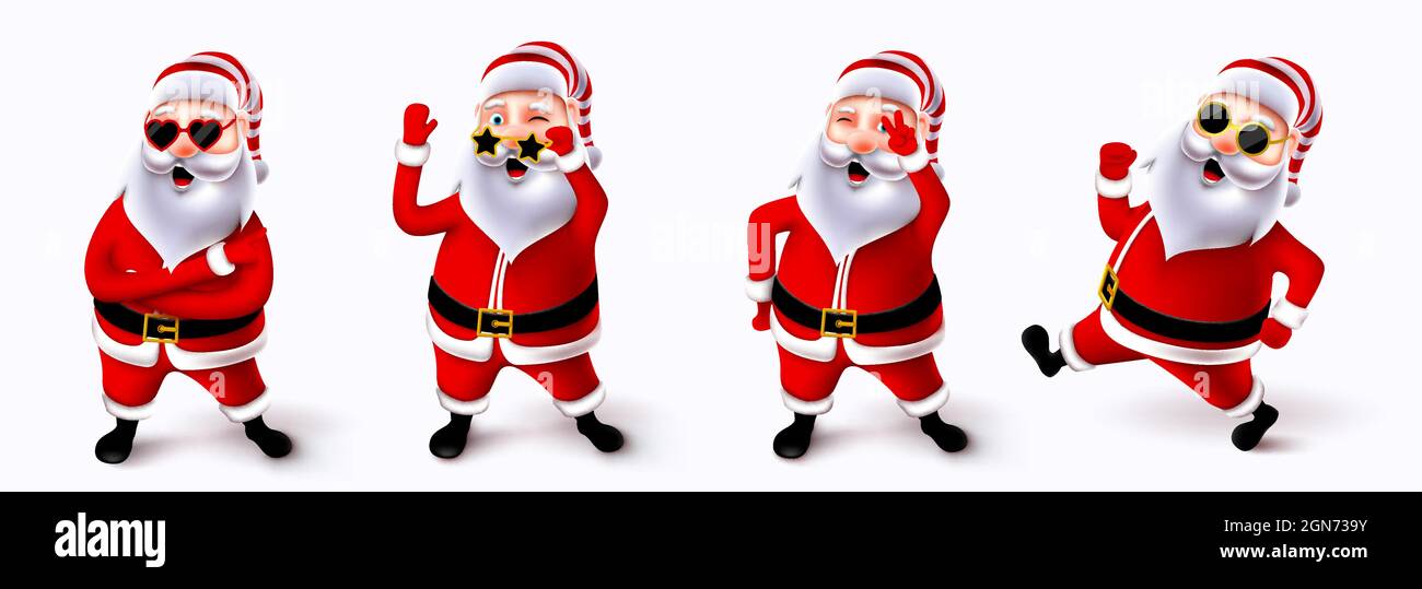 weihnachtsmann weihnachten Charakter Vektor-Set. Niedliche und fröhliche weihnachtsmann 3d-Figuren in stehenden, laufenden und winkenden Posen und Gesten mit Sonnenbrillen. Stock Vektor