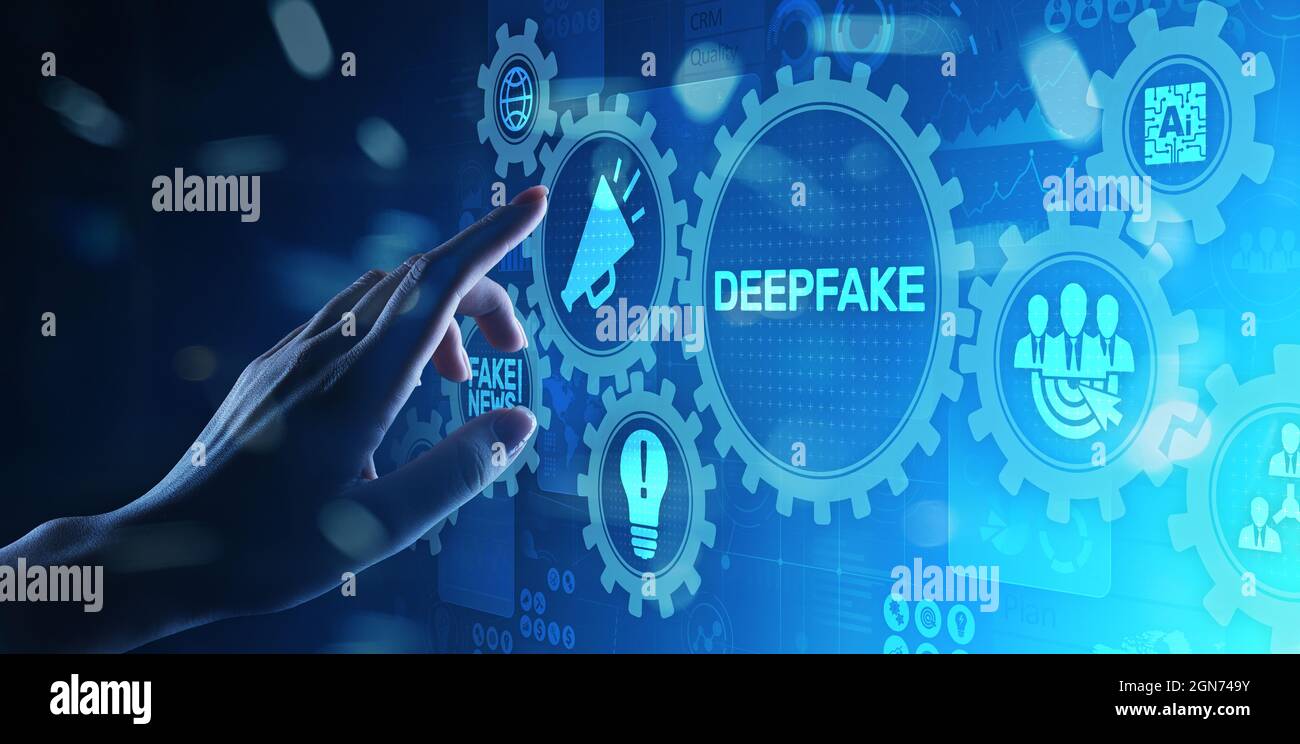 Deep Fake News Künstliche Intelligenz in Medientechnik Konzept auf virtuellem Bildschirm. Stockfoto