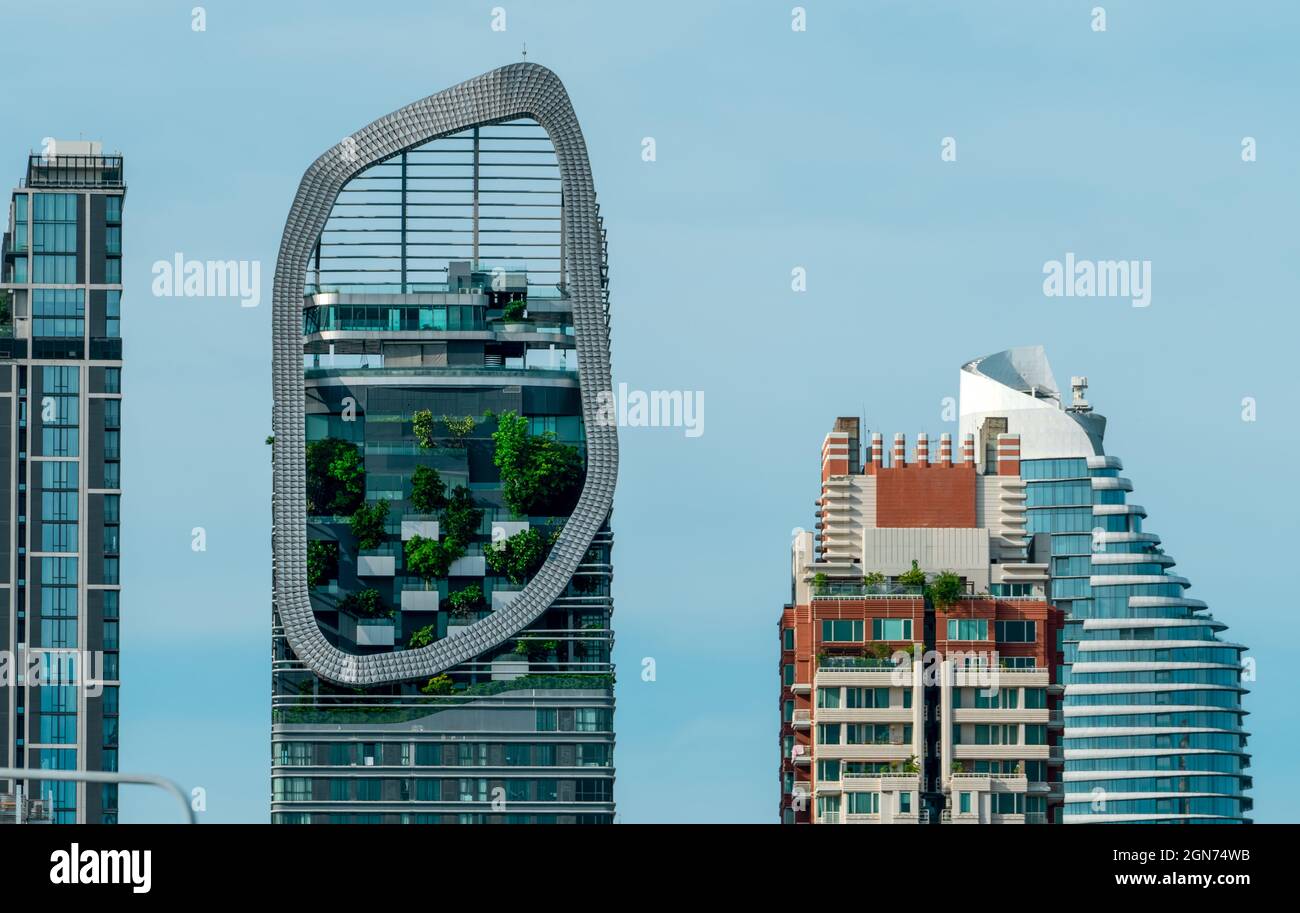 Umweltfreundliches Gebäude in der modernen Stadt. Grüner Baum im vertikalen Garten auf nachhaltigem Glasbau zur Reduzierung von Wärme und Kohlendioxid. Büro Stockfoto