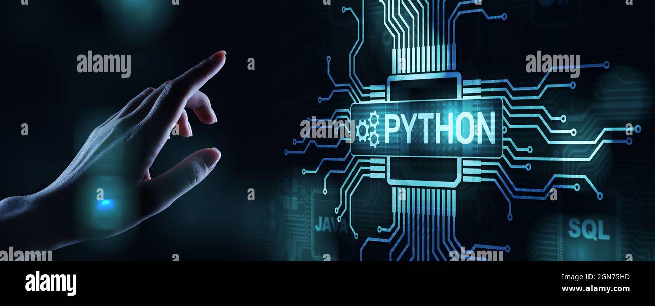Python-Programmiersprache auf hoher Ebene. Anwendungs- und Webentwicklungskonzept auf virtuellem Bildschirm. Stockfoto