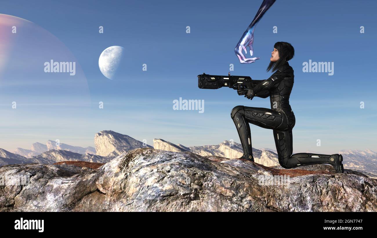 3d-Illustration einer futuristischen Soldatin, die vor Schrecken kniet, als eine Aliin auf einer blauen Welt nach ihrem Gesicht greift. Stockfoto