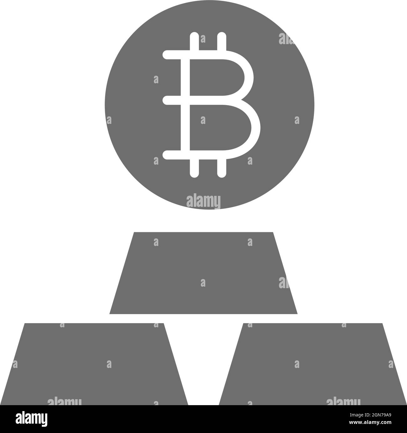 Goldbarren mit Bitcoin, grauem Kryptowährungssymbol. Stock Vektor