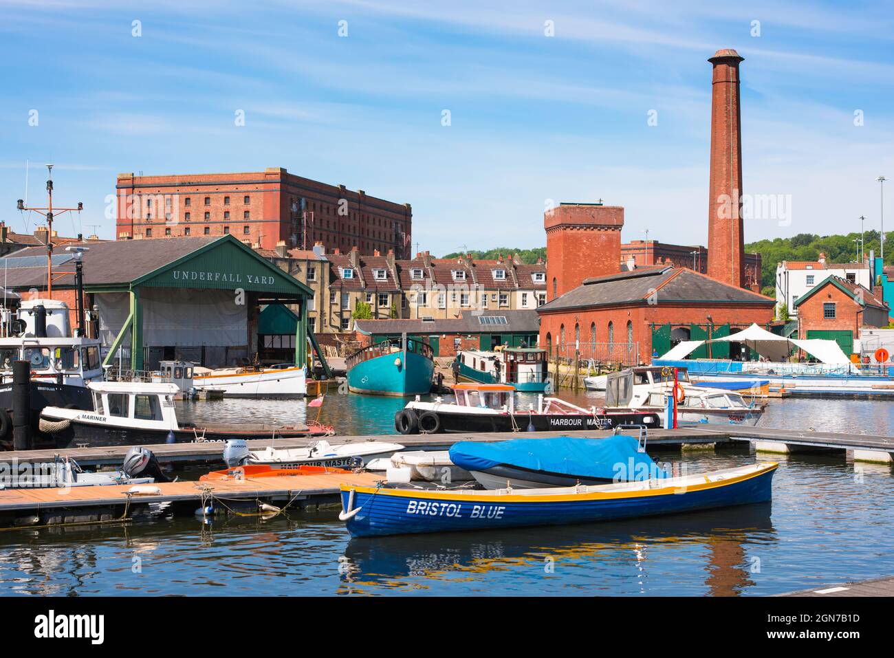 Underfall Yard Bristol, Blick auf die historische Underfall Yard-Werft am westlichen Rand des schwimmenden Hafens, Bristol, England, Großbritannien Stockfoto