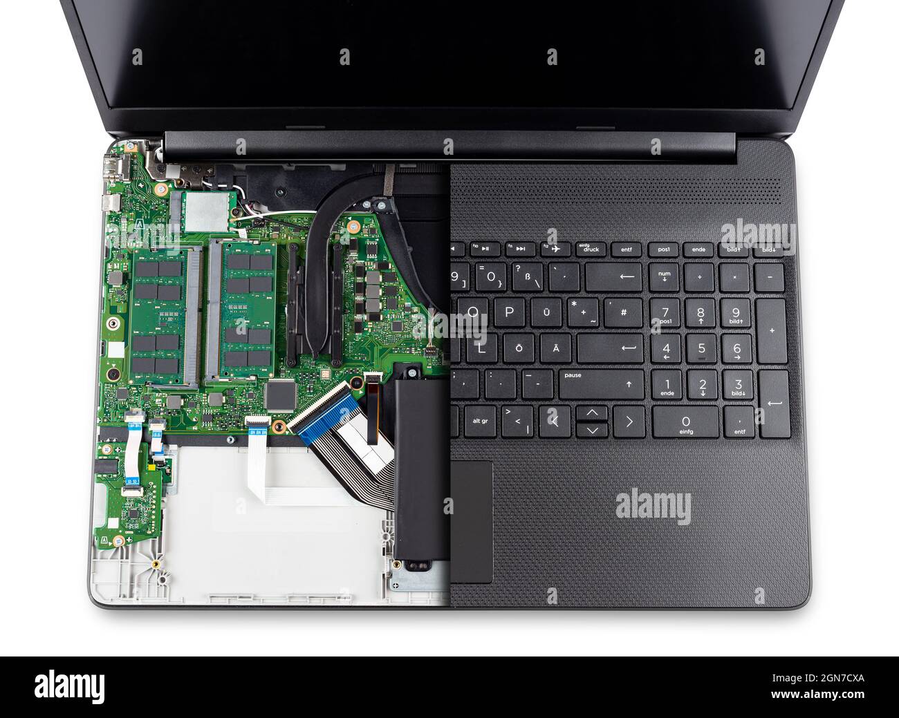 Schnitt Draufsicht auf schwarzen modernen Laptop-Notebook-Computer mit sichtbaren Hardware isoliert auf weißem Hintergrund. PC-Reparatur helfen upgrape Konzept. Stockfoto