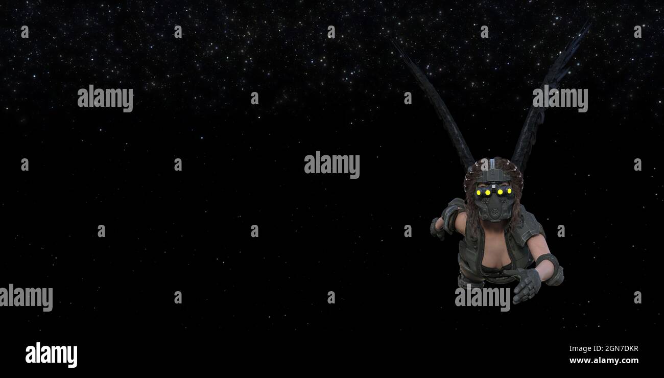 3d-Illustration eines geflügelten Weibchens, das mit einer Vollmaske durch den Weltraum fliegt. Stockfoto