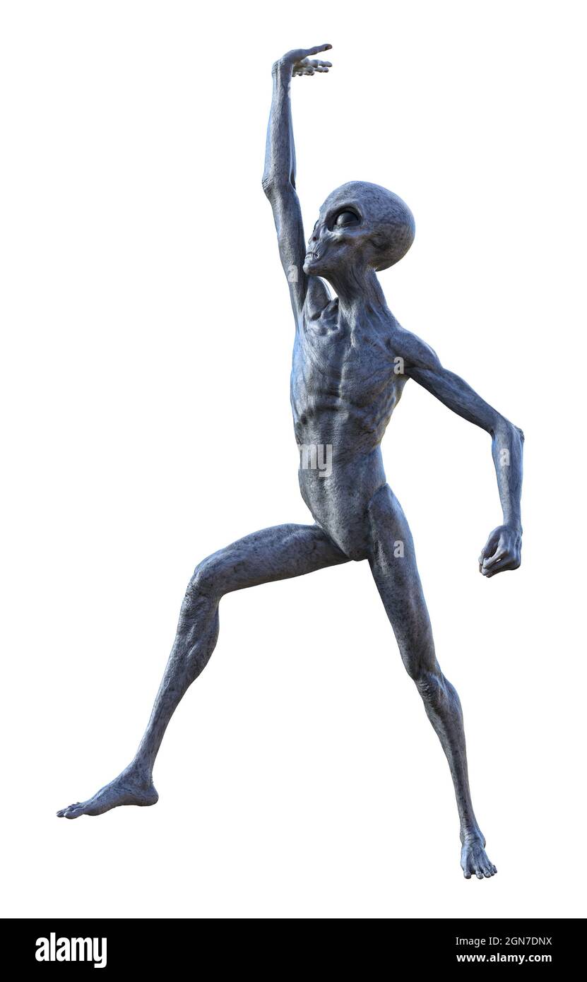 3d-Darstellung eines Außerirdischen, der die Hand über seinen Kopf hält, isoliert auf weißem Hintergrund. Stockfoto