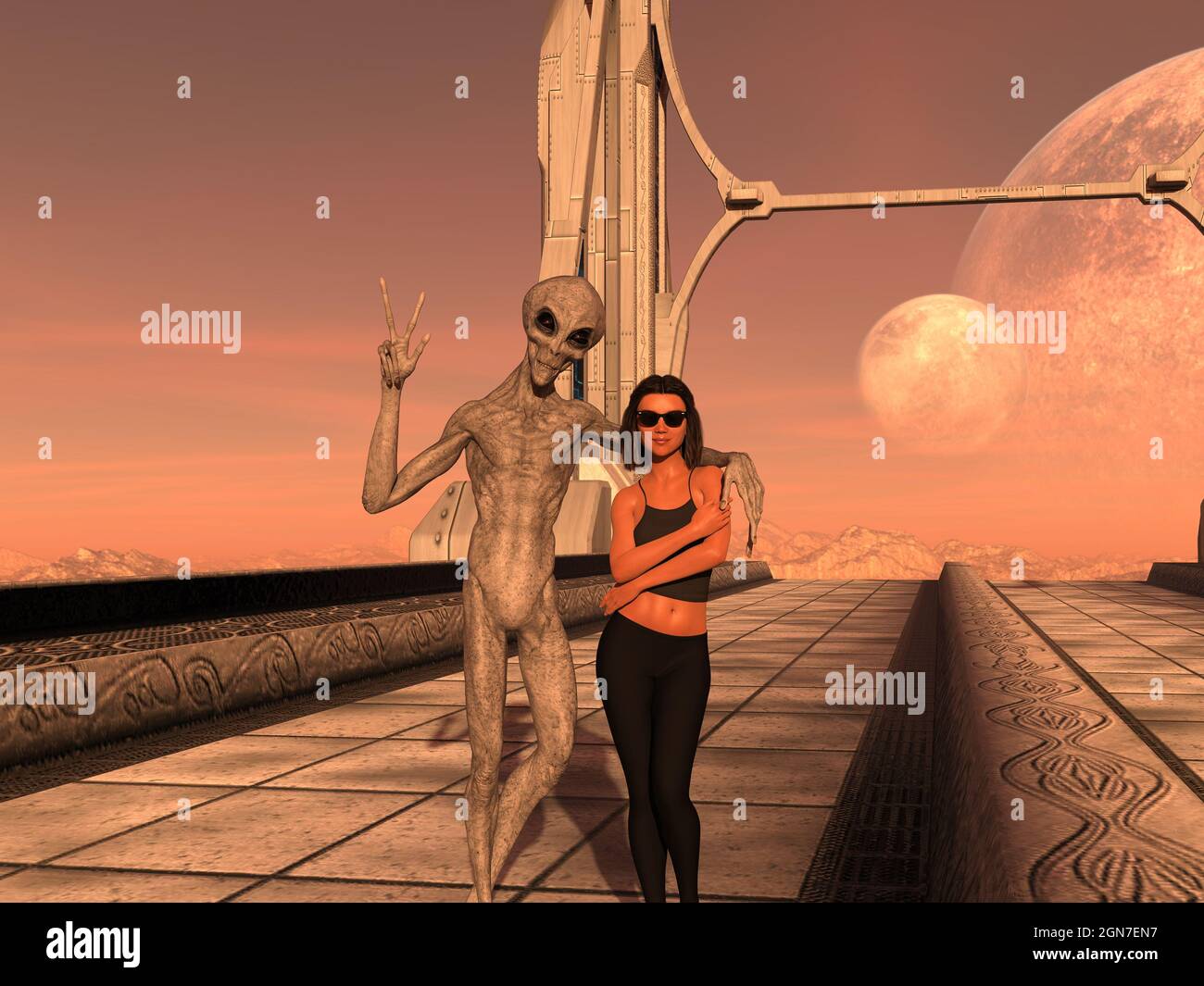 3d-Illustration eines grauen Aliens mit seinem Arm um eine menschliche Frau mit Sonnenbrille auf einem Gehweg einer fremden Welt. Stockfoto