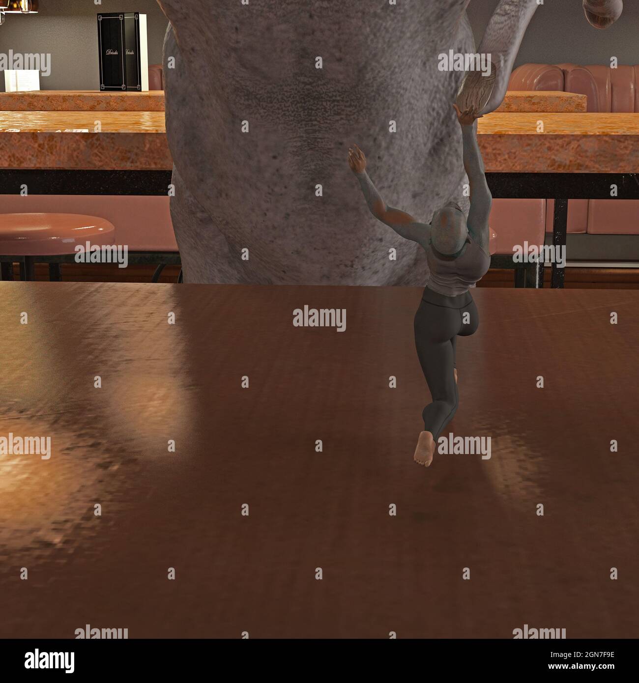 Sehr nahe 3d-Illustration eines grauen Aliens, der auf einen winzigen Außerirdischen stochert, der sich auf einer Arbeitsplatte in einer Bar im Innenbereich verteidigt. Stockfoto