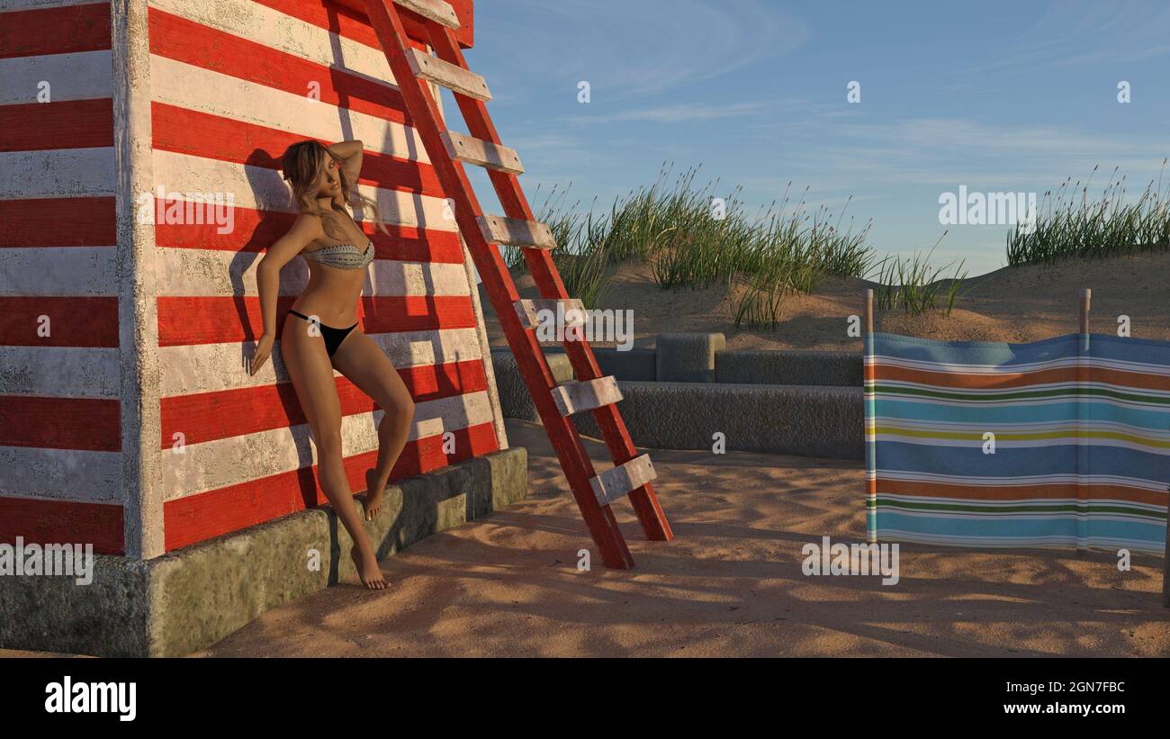 3d-Abbildung einer Frau, die einen Bikini trägt und sich im frühen Morgenlicht an eine alte Rettungsschwimmerstation lehnt. Stockfoto
