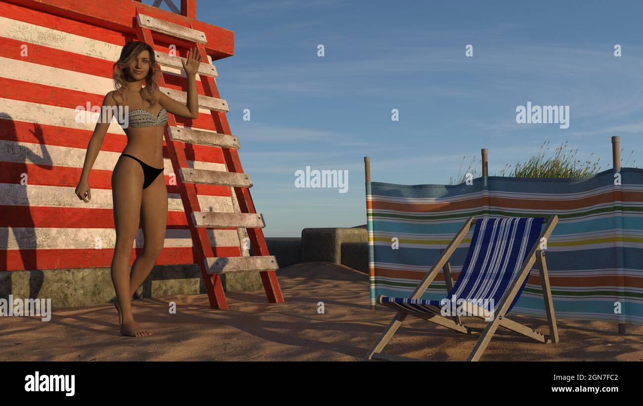 3d-Abbildung einer Frau, die einen Bikini trägt und neben einer alten Rettungsschwimmerstation im frühen Morgenlicht hallo winkt. Stockfoto