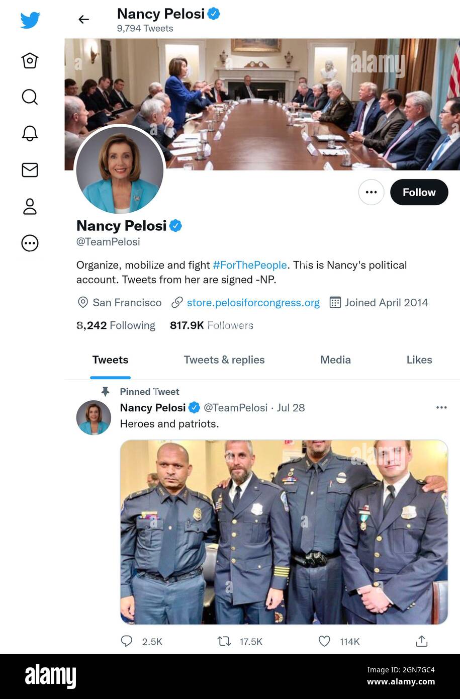 Twitter-Seite (September 2021) von Nancy Pelosi, (Team Pelosi) Sprecherin des US-Repräsentantenhauses Stockfoto