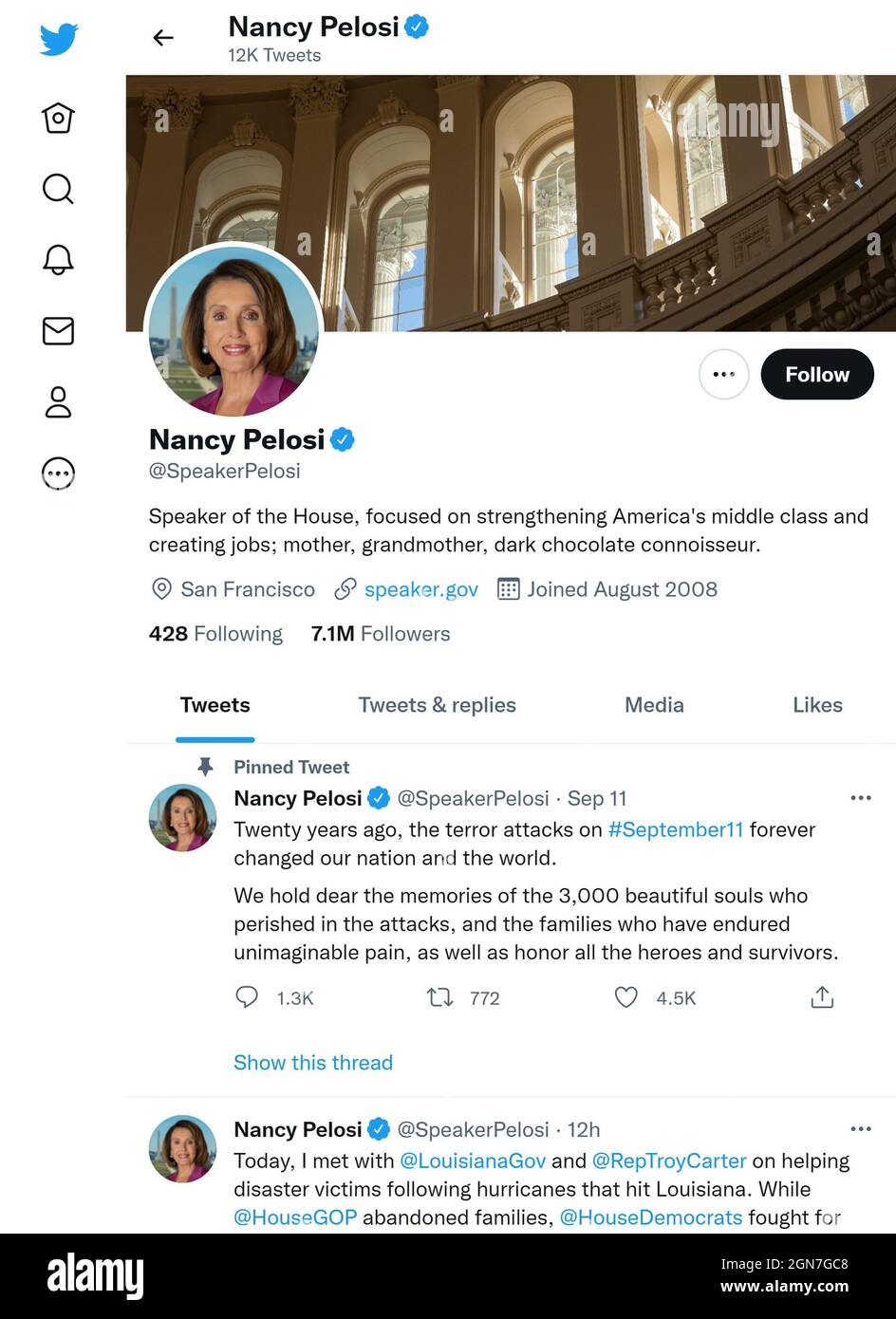 Twitter-Seite (September 2021) von Nancy Pelosi, Sprecherin des US-Repräsentantenhauses Stockfoto