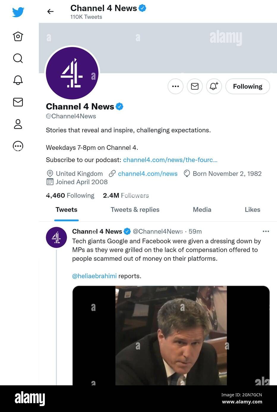 Twitter-Seite (September 2021) von Channel 4 News (UK) Stockfoto