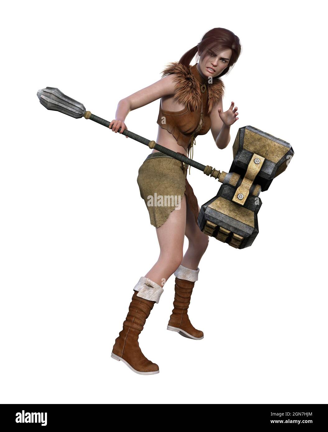 3d-Illustration einer barbarischen Frau mit einem riesigen Hammer in einer defensiven Pose isoliert auf weißem Hintergrund. Stockfoto