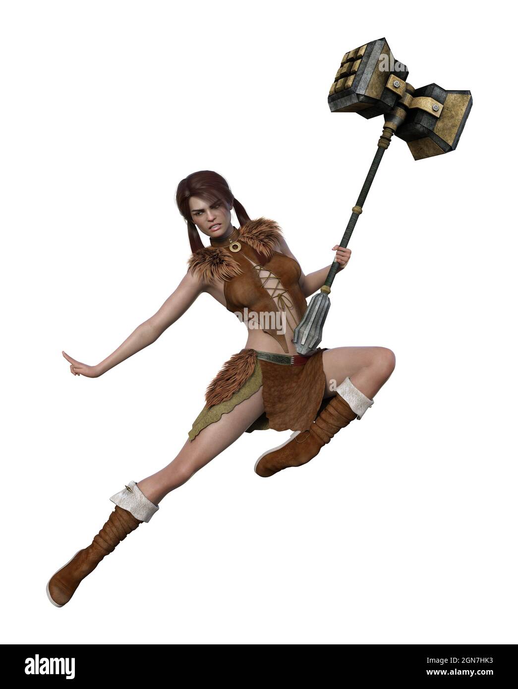 3d-Illustration einer barbarischen Frau mit einem riesigen Hammer, der mit einem Finger nach oben auf einem weißen Hintergrund abspringt. Stockfoto
