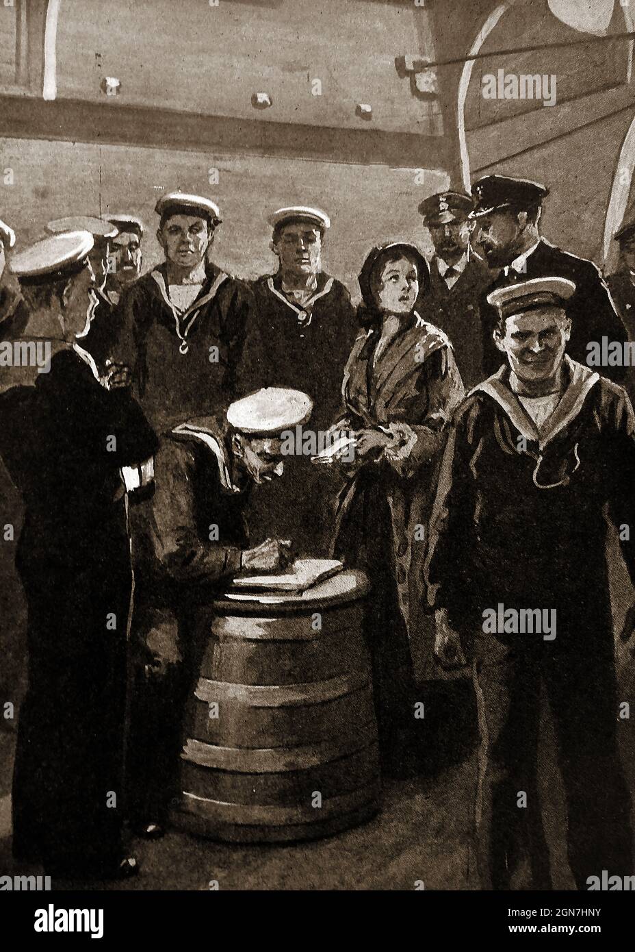 Medienbild der 1930er Jahre von 60 Jack Tars (britische Matrosen), die nach Anhörung eines Vortrags von Agnes Weston (im Bild mit dem Kapitän) an Bord der HMS Topaze eine Mäßigung unterschrieben hatten. Ironischerweise fand die Unterzeichnung auf einem Rumfass statt. Stockfoto