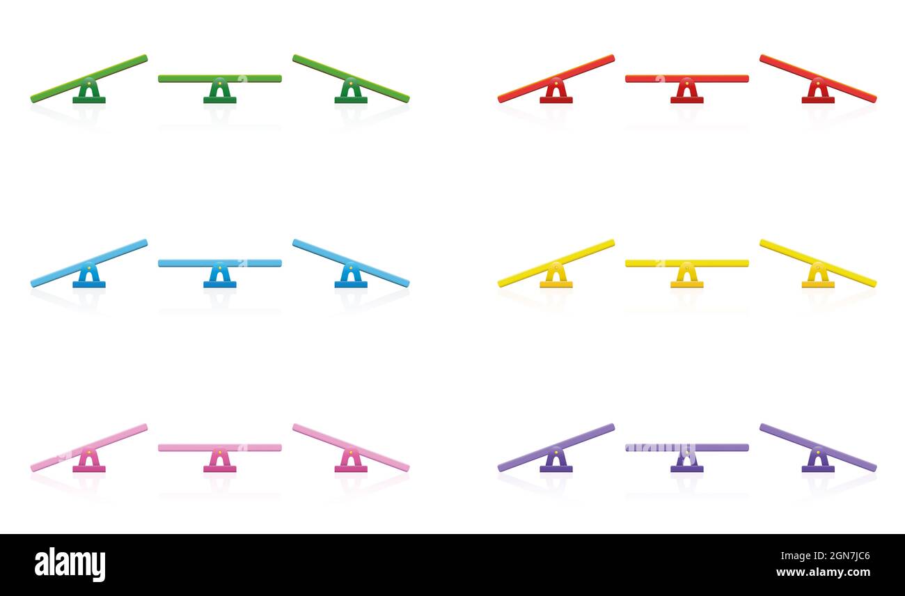 Farbiger Wippe-Satz - bunte Balance-Spielzeugsammlung - drei Positionen, gleiche und ungleiche Gewichtigkeit, ausgeglichen und unausgeglichen. Stockfoto